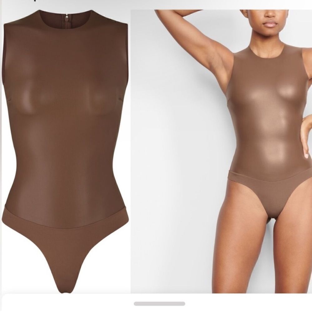 NWT SKIMS Faux Leather Crew Neck Bodysuit In Cocoa Brown Bodysuit